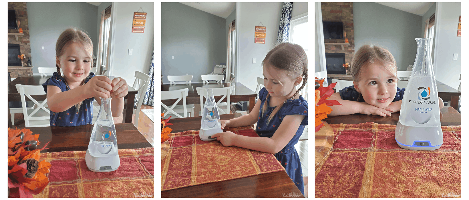 a young girl using Force of Nature cleaning solution in the kitchen